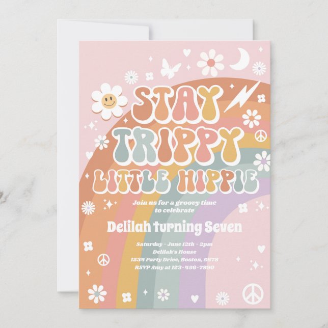 Stay Trippy Little Hippie Groovy Rainbow Birthday Invitation (Front)