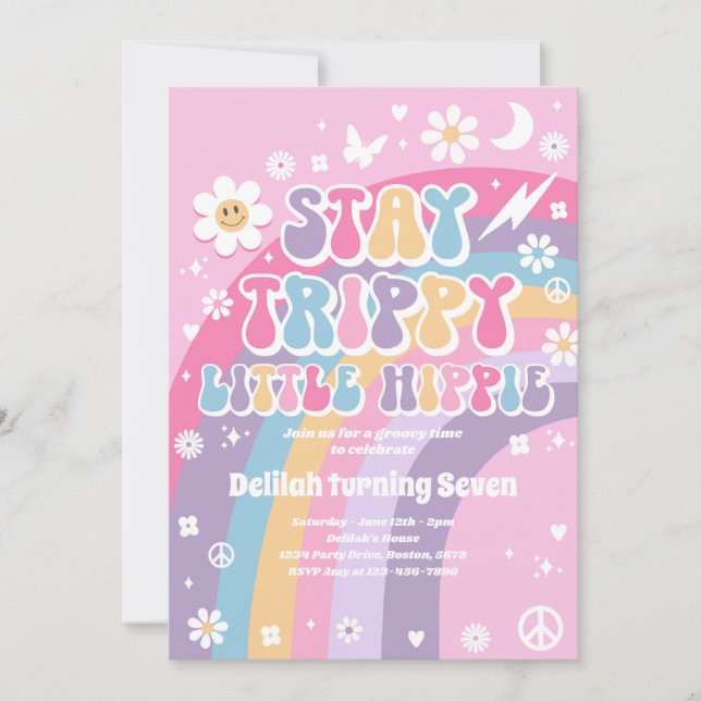 Stay Trippy Little Hippie Groovy Rainbow Birthday Invitation (Front)