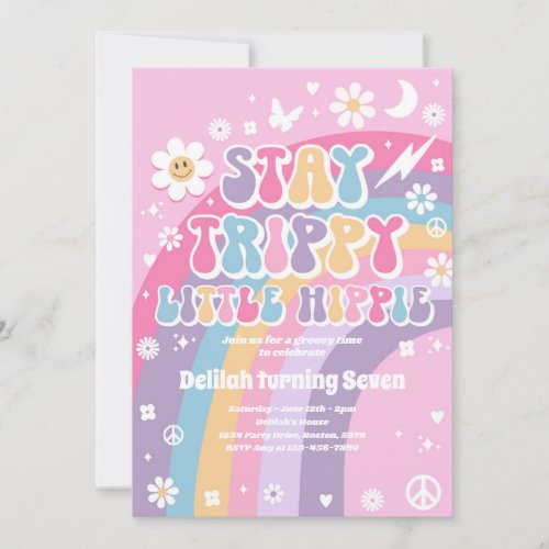 Stay Trippy Little Hippie Groovy Rainbow Birthday Invitation