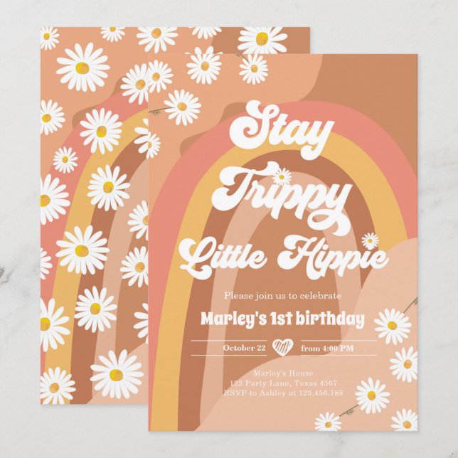 Stay Trippy Little Hippie Retro Daisy Birthday Invitation (Front/Back)