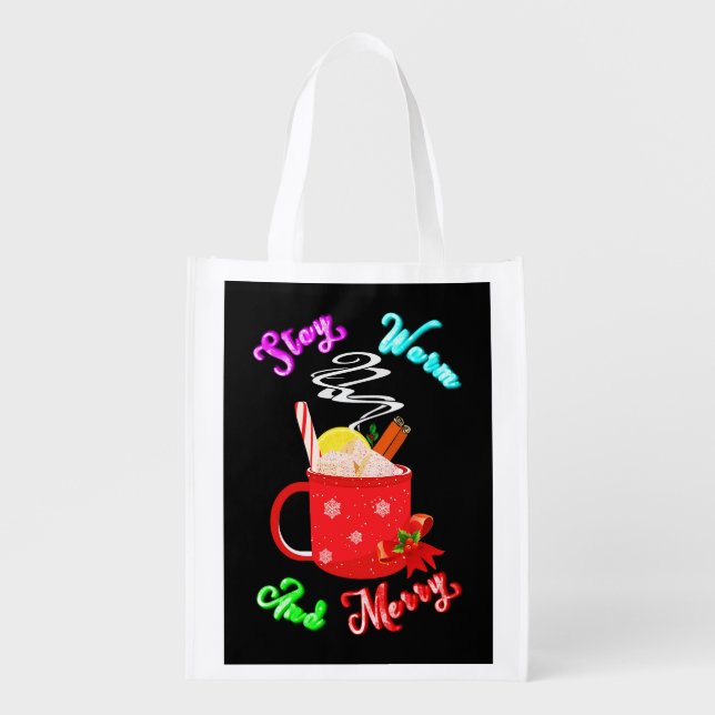 Stay Warm And Merry Cinnamon Snowflakes Christmas Grocery Bag (Front)
