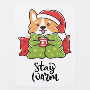 Stay Warm Christmas Corgi Santa Hat Holiday Baby Blanket