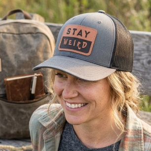 STAY WEIRD Funky Text   Leather Patch Hat