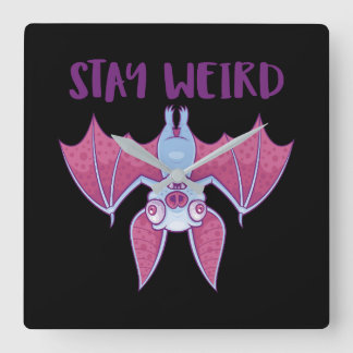 Stay Weird Quirky Albino Vampire Bat Cartoon Square Wall Clock