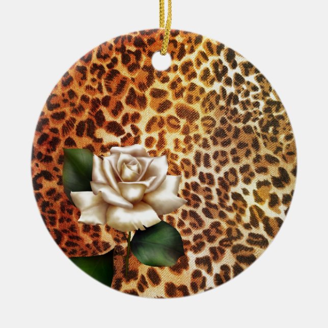 Stay Wild Animal print leopard white rose Ceramic Ornament (Front)