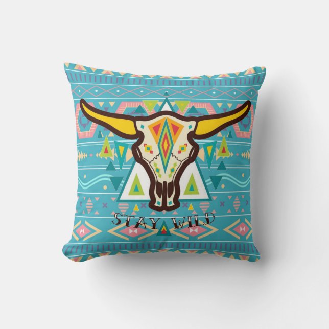 Stay Wild Cow Skull Throw Pillow (Front)