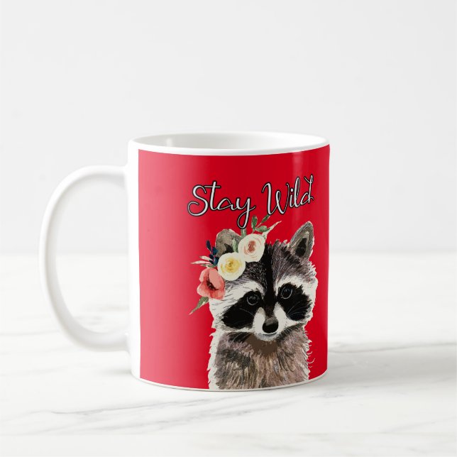Stay Wild - Cute Raccoon Wearing Flower Crown Coffee Mug (Left)