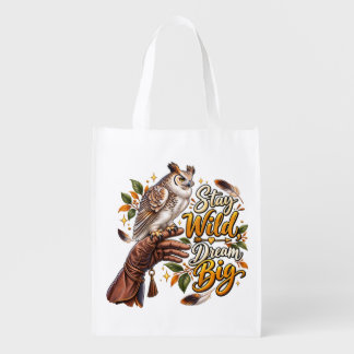 Stay Wild, Dream Big – Owl Adventure Nature Design Grocery Bag