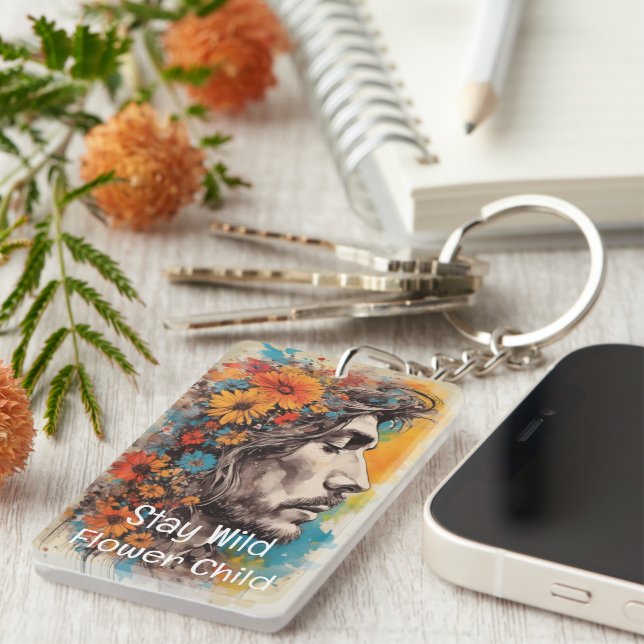Stay Wild Flower Child Boho Man Floral Keychain (Front Right)