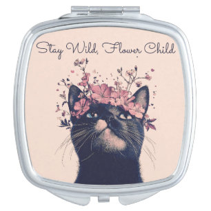 Stay Wild, Flower Child Cat Floral Boho Compact Mirror