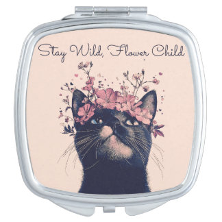 Stay Wild, Flower Child Cat Floral Boho Compact Mirror