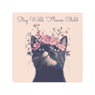 Stay Wild, Flower Child Cat Floral Boho Metal Print
