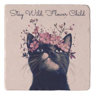 Stay Wild, Flower Child Cat Floral Boho Trivet