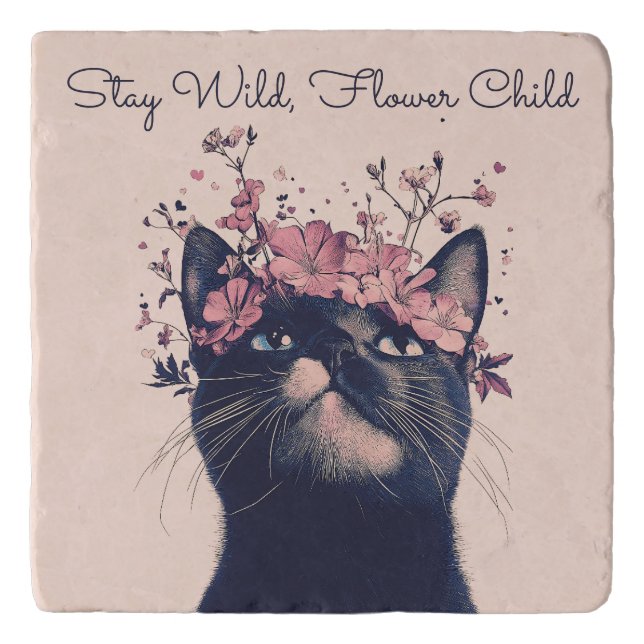 Stay Wild, Flower Child Cat Floral Boho Trivet (Front)
