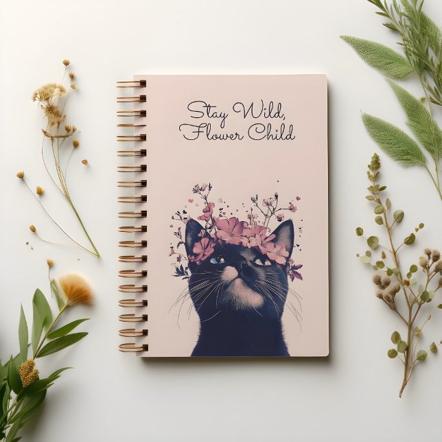 Stay Wild, Flower Child Cat Floral Spiral Notebook (Creator Uploaded)