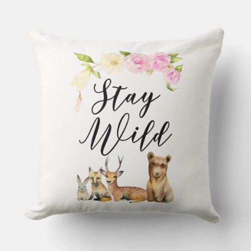 Stay Wild  Forest Animals Nursery Throw Pillow