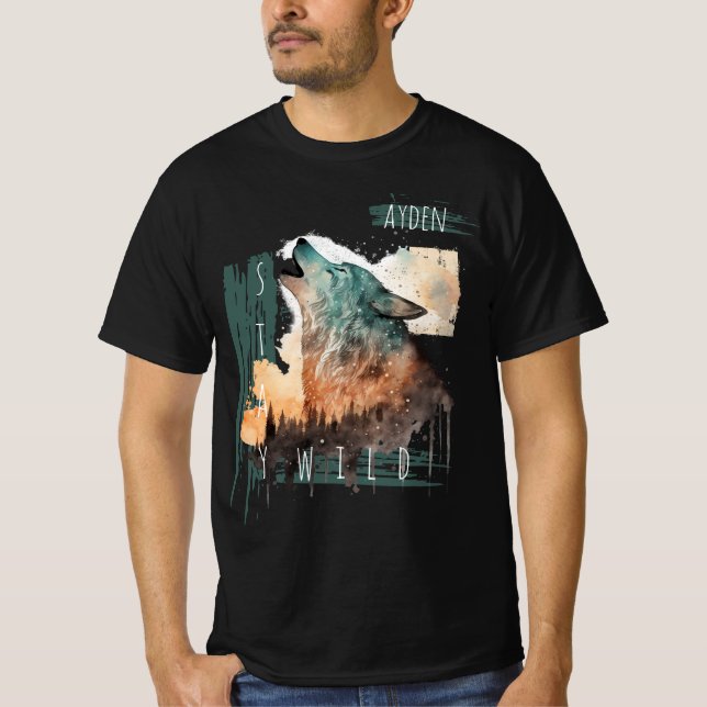 "Stay Wild" Howling Wolf Customizable   T-Shirt (Front)