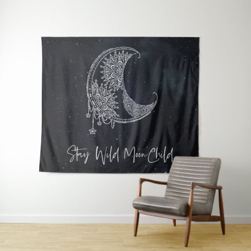 Stay Wild Moon Child Black Galaxy Nebula Space Tapestry