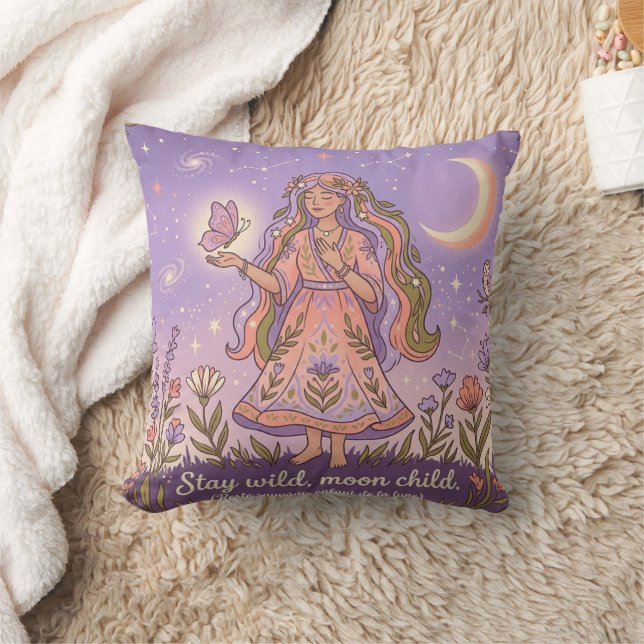 Stay Wild Moon Child Celestial Boho Throw Pillow — (Blanket)