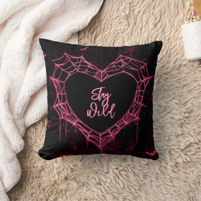 “Stay Wild” Pink Neon Heart Web Custom Name Throw Pillow (Blanket)