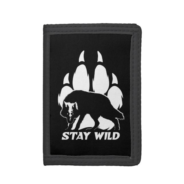 Stay Wild - Wolf silhouette and footprint Trifold Wallet (Front Vertical)