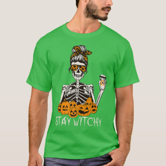 Stay Witchy Skeleton Drinking Messy Bun Leopard Ha T-Shirt