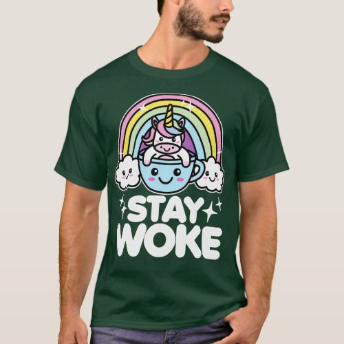 Stay Woke Kawaii Unicorn in Coffee Cup T_Shirt