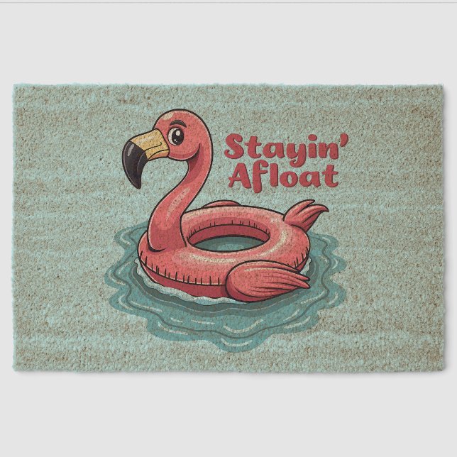 Stayin’ Afloat Funny Flamingo Pool Float Retro Fiber Doormat (Front)
