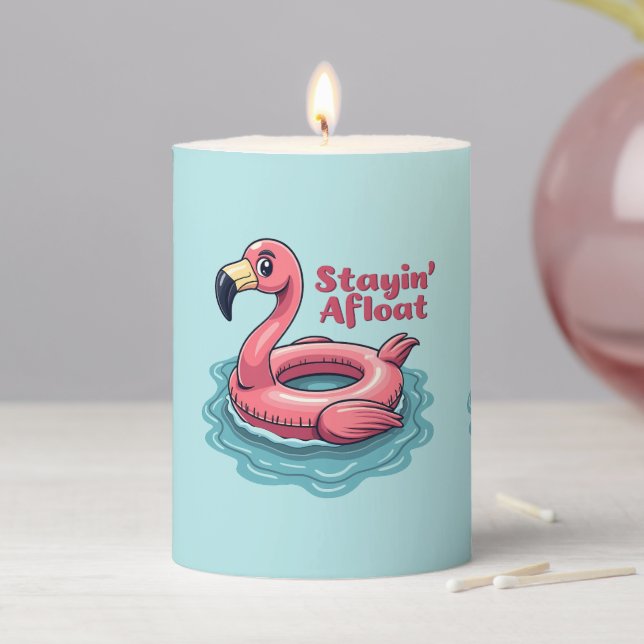 Stayin’ Afloat Funny Flamingo Pool Float Retro Pillar Candle (In Situ)