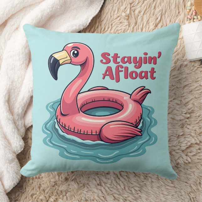Stayin’ Afloat Funny Flamingo Pool Float Retro Throw Pillow (Blanket)