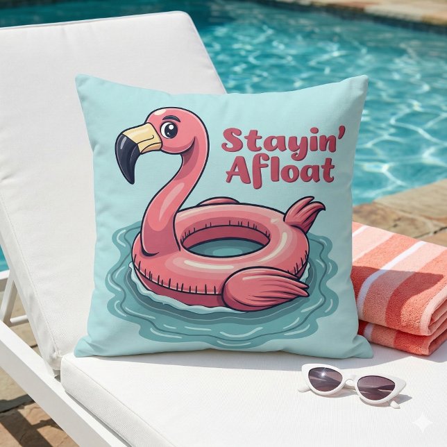 Stayin’ Afloat Funny Flamingo Pool Float Retro Throw Pillow (Stayin’ Afloat Funny Flamingo Pool Float Retro Throw Pillow Mockup A)