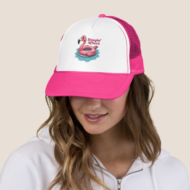 Stayin’ Afloat Funny Flamingo Pool Float Retro Trucker Hat (In Situ)