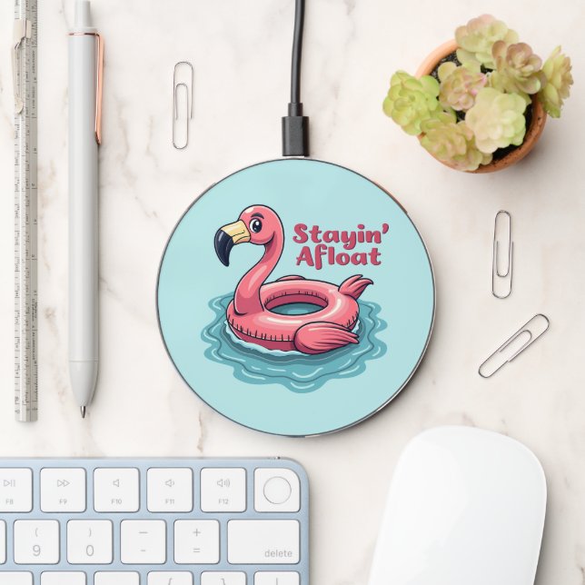 Stayin’ Afloat Funny Flamingo Pool Float Retro Wireless Charger (Desk)