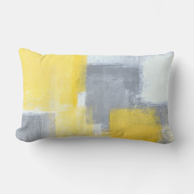 'Steady' Grey and Yellow Abstract Art Lumbar Pillow (Front)