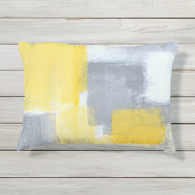 'Steady' Grey and Yellow Abstract Art Outdoor Pillow (Back)