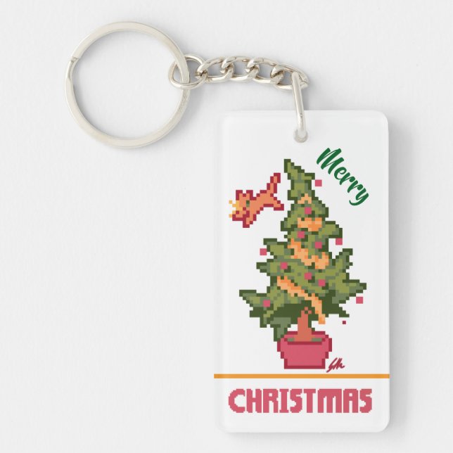 stealing cat, tree, Pixel Art, Merry Christmas  Keychain (Front)