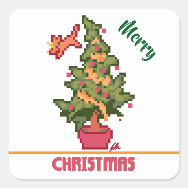 stealing cat, tree, Pixel Art, Merry Christmas  Square Sticker (Front)