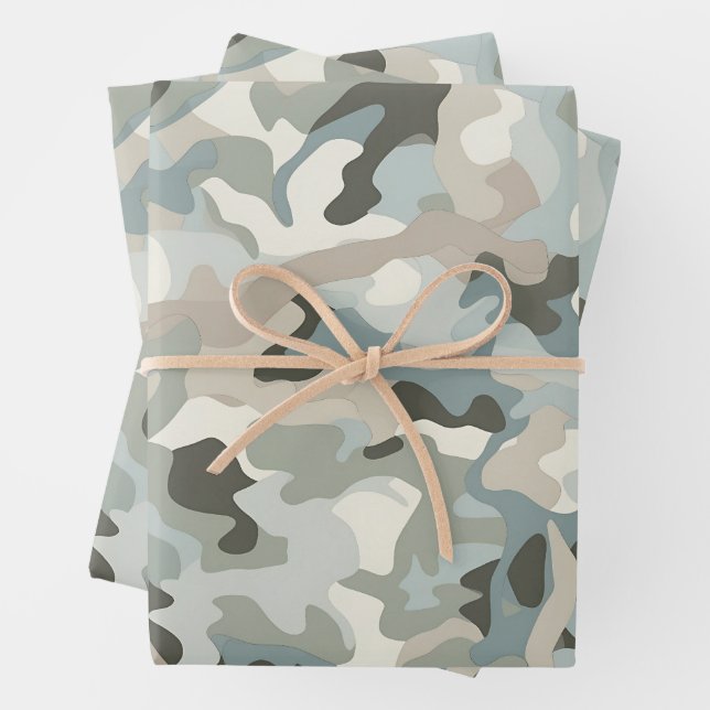 Stealth Blue Camo Wave Wrapping Paper Sheets (In situ)