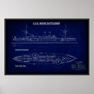Steam Battleship USS MAINE Blueprint 1894 Poster