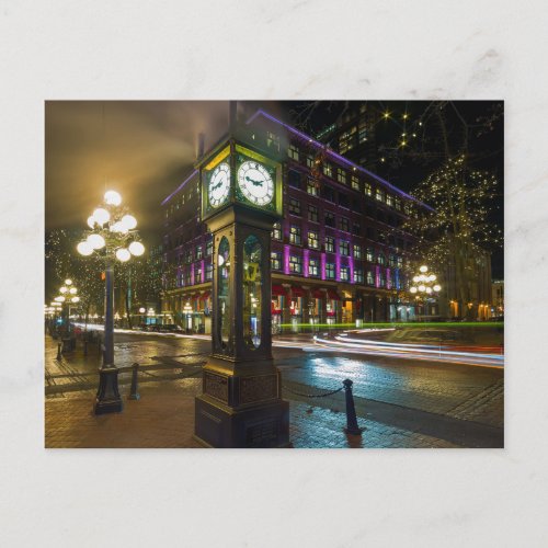 Steam Clock in Gastown Vancouver BC at Night Postcard