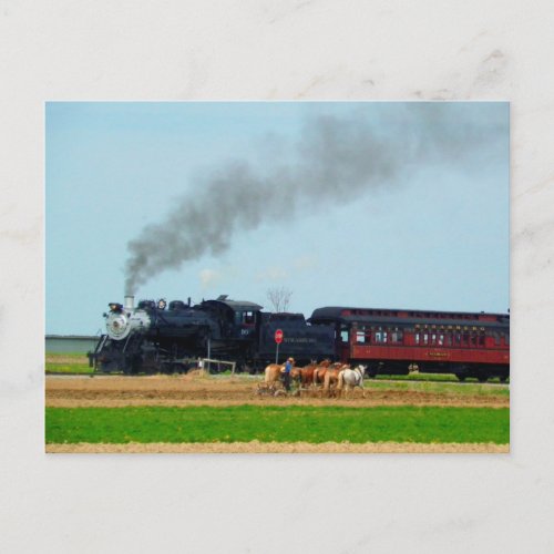 Steam Engine and Amish Farmer Postcard