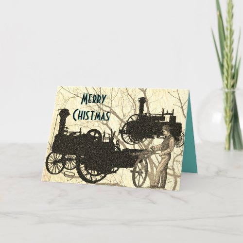 Steam Engine Farm Tractor Traction Farming Antique Holiday Card