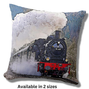 Steam Engine in Snow, Railway Locomotive Train Throw Pillow