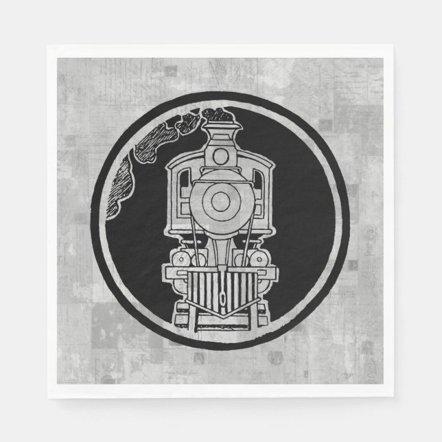 Steam Engine Locomotive Train Illustrated w Stamps Napkins (Front)