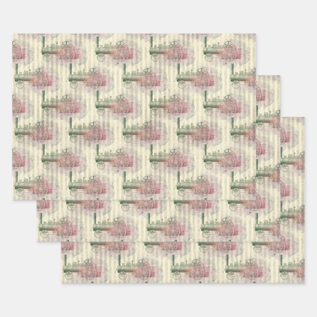 Steam Engine Train and Stripes Wrapping Paper Sheets (Set)