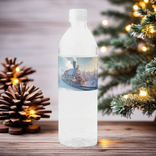 steam engine vintage christmas train Locomotive Water Bottle Label