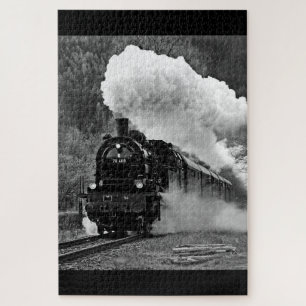 Steam locomotive black white train forest jigsaw puzzle