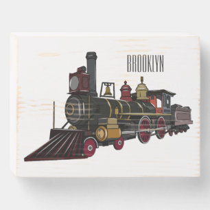 Steam locomotive cartoon illustration wooden box sign