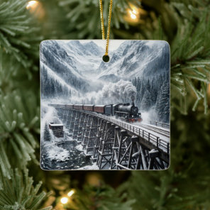 Steam Locomotive Train On a Mountain Trestle Ceramic Ornament