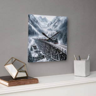 Steam Locomotive Train On a Mountain Trestle Square Wall Clock